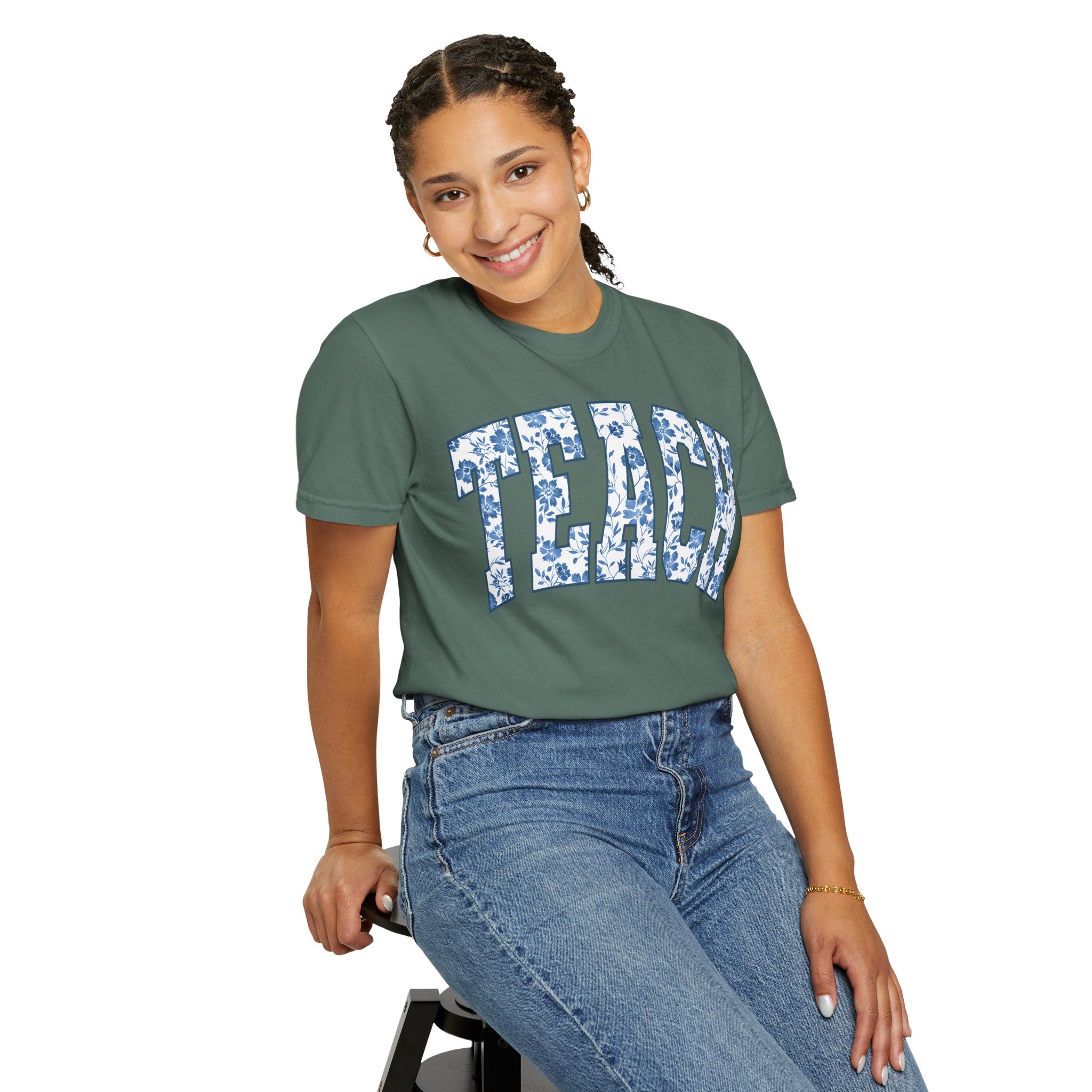 Teacher Floral Arch T-Shirt — 'TEACH' Blue Floral Print Tee
