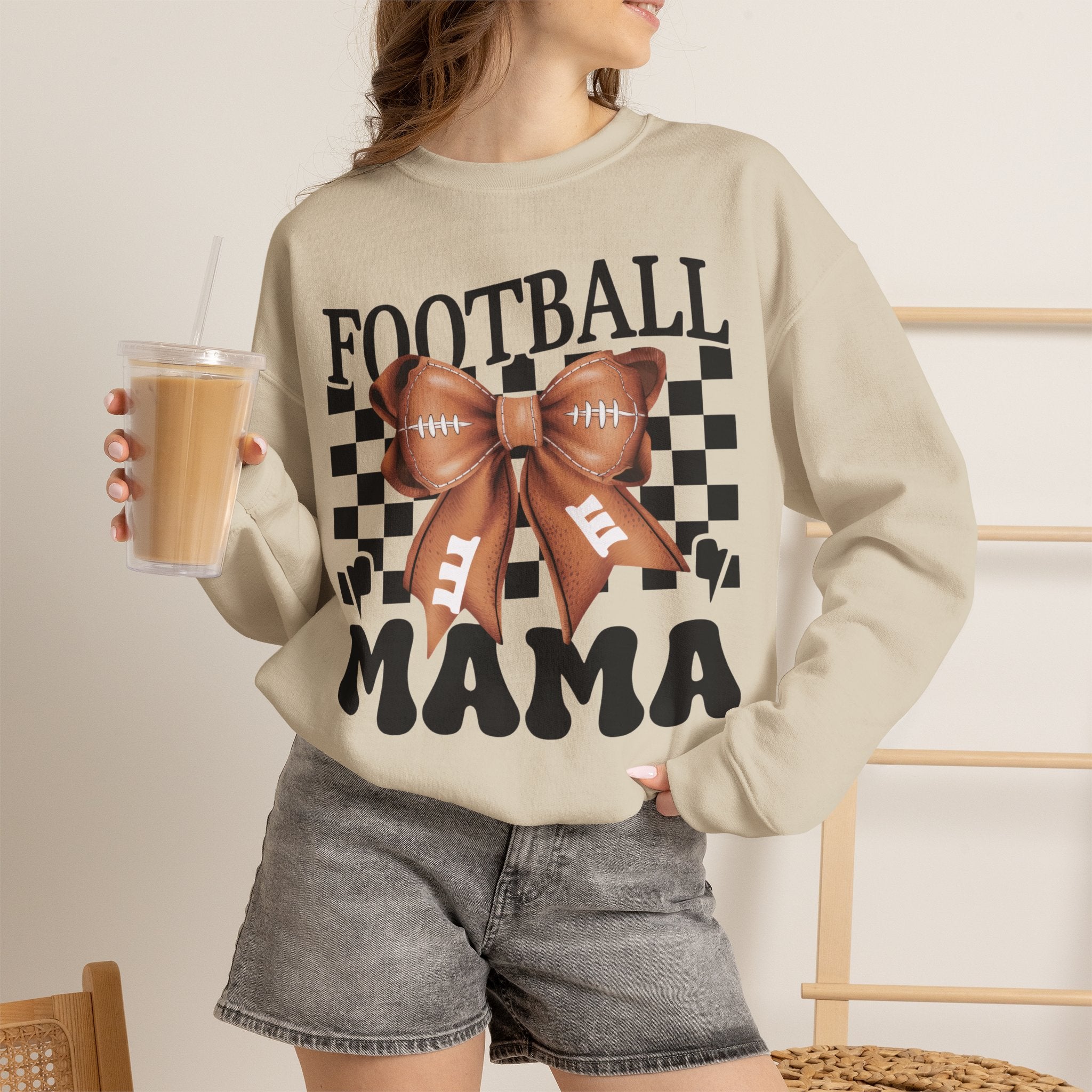 Football Mama Crewneck Sweatshirt — Retro Checkerboard Football Graphic