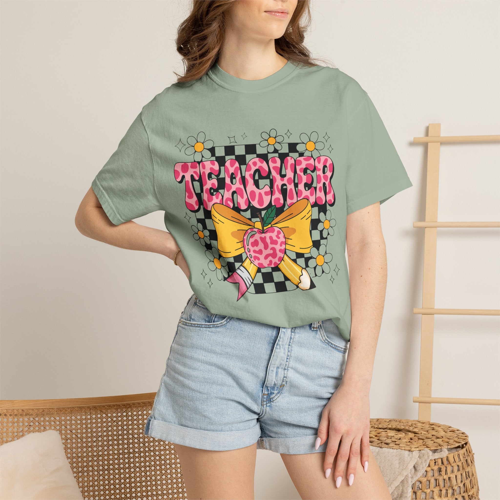 Teacher Floral Bow T‑Shirt — Cute Checkerboard & Heart Design for Educators