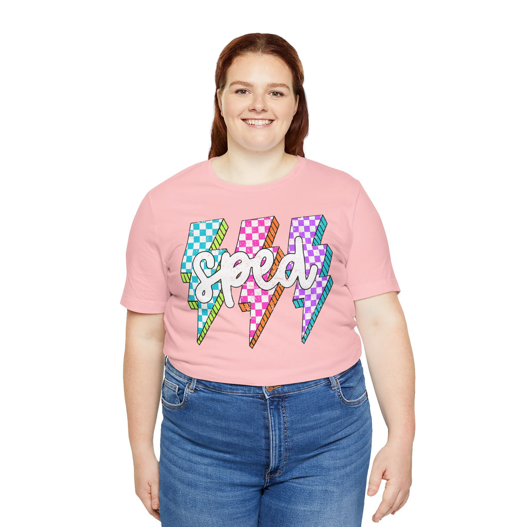 Speed Lightning Tee — Retro Checkerboard Bolt Graphic T-Shirt