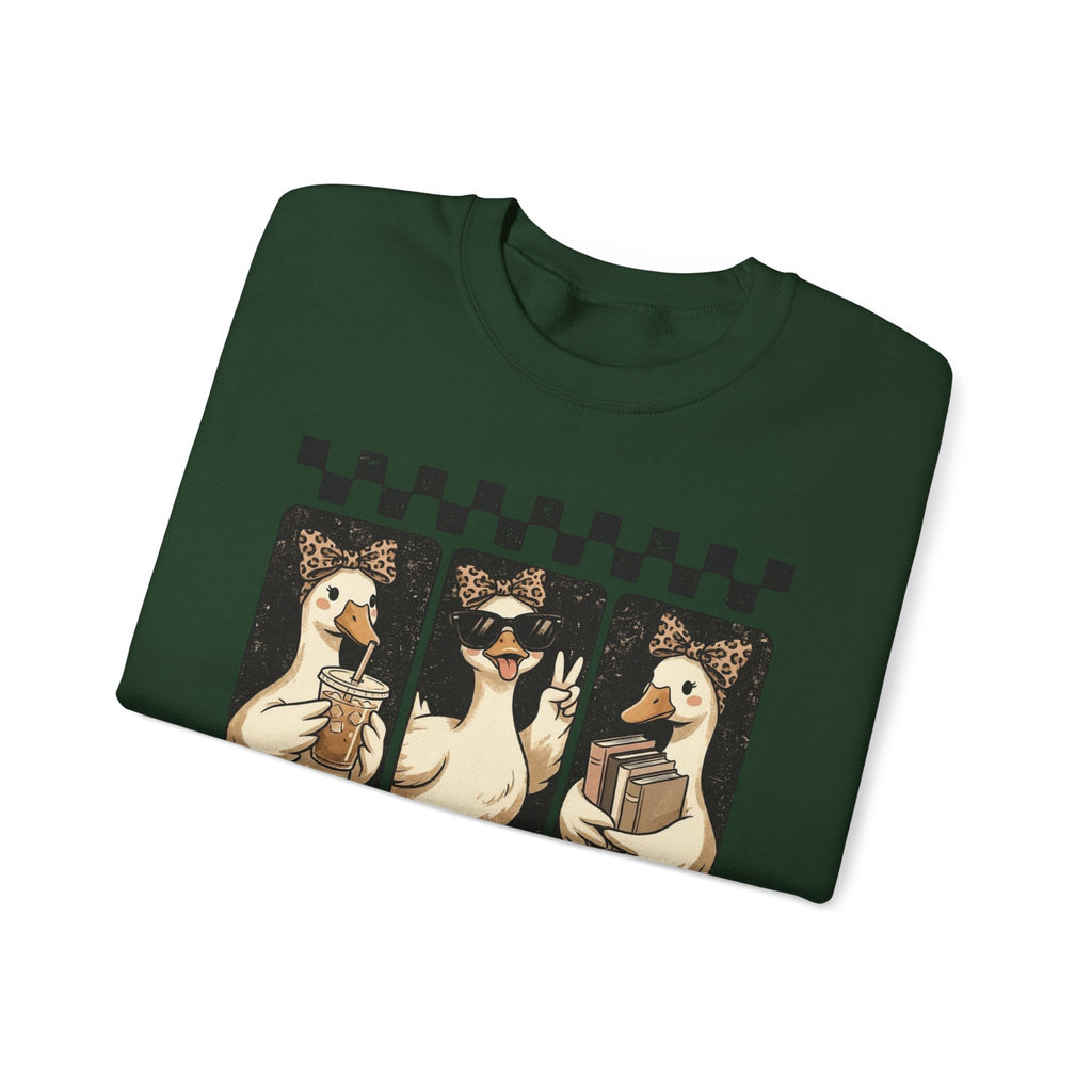 Duck Trio Crewneck Sweatshirt — Vintage Checkered Retro Goose Illustration