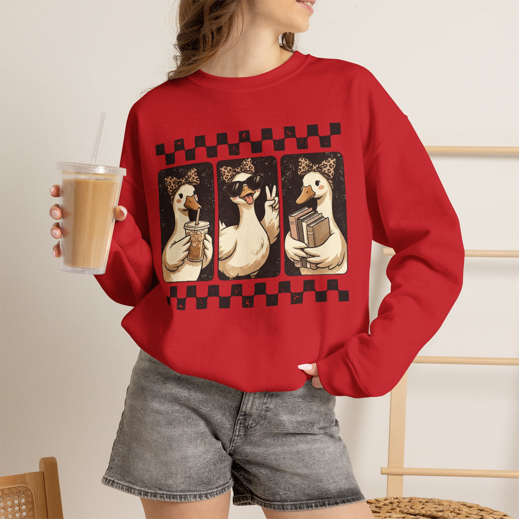 Duck Trio Crewneck Sweatshirt — Vintage Checkered Retro Goose Illustration