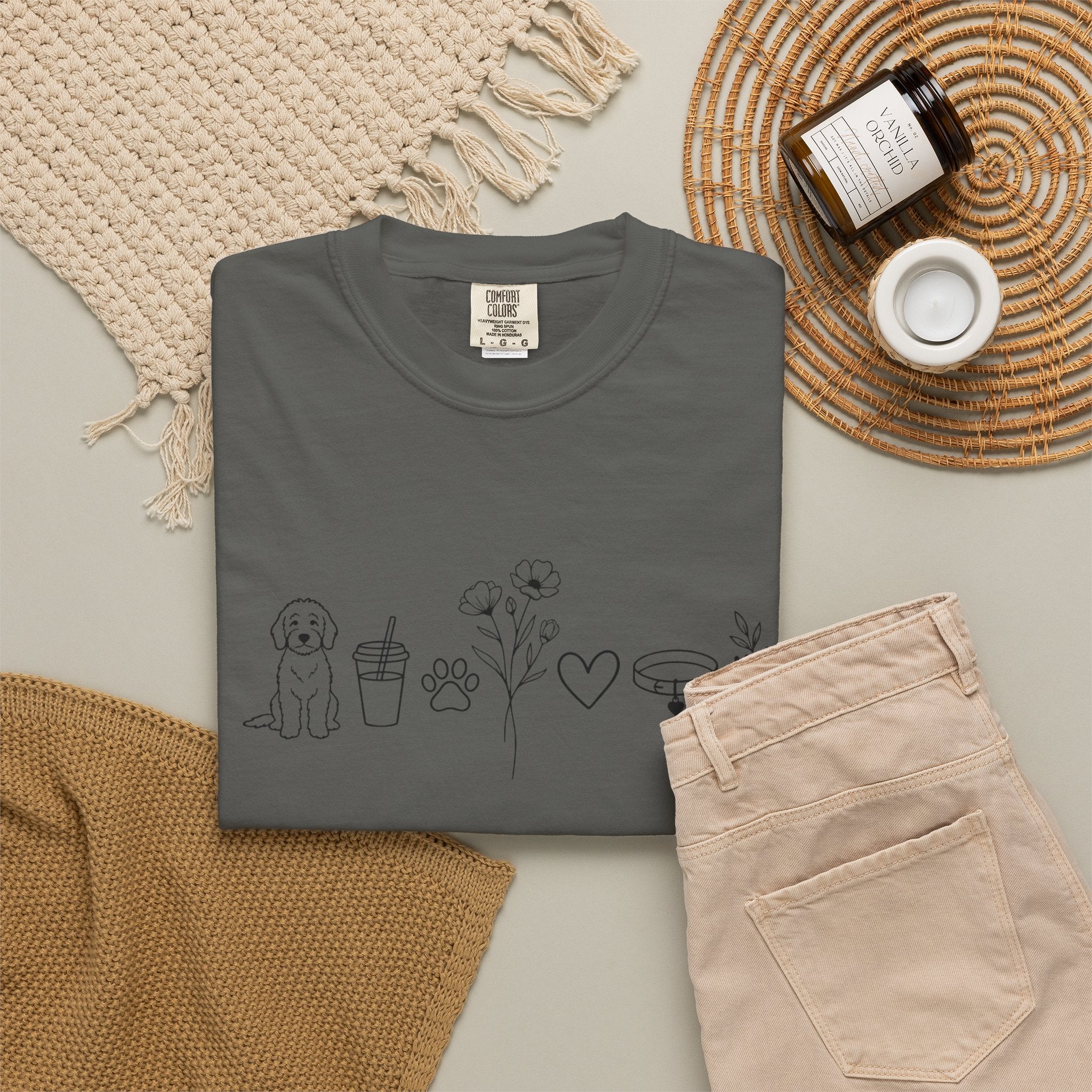 Minimal Doodle and Floral Icons T-Shirt — Coffee, Plants & Dog Line Art Tee