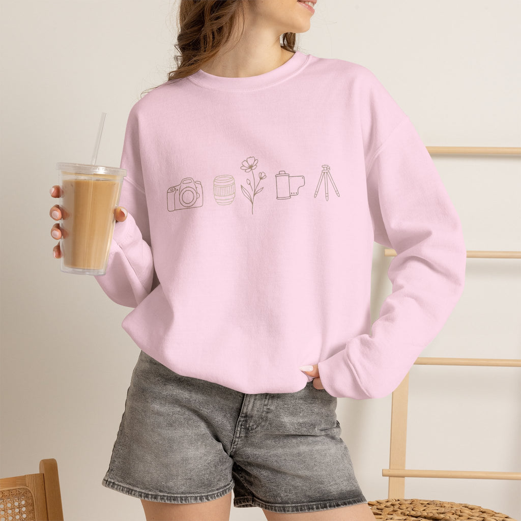Photography Icons Crewneck Sweatshirt — Minimal Camera, Lens, Film & Tripod Design