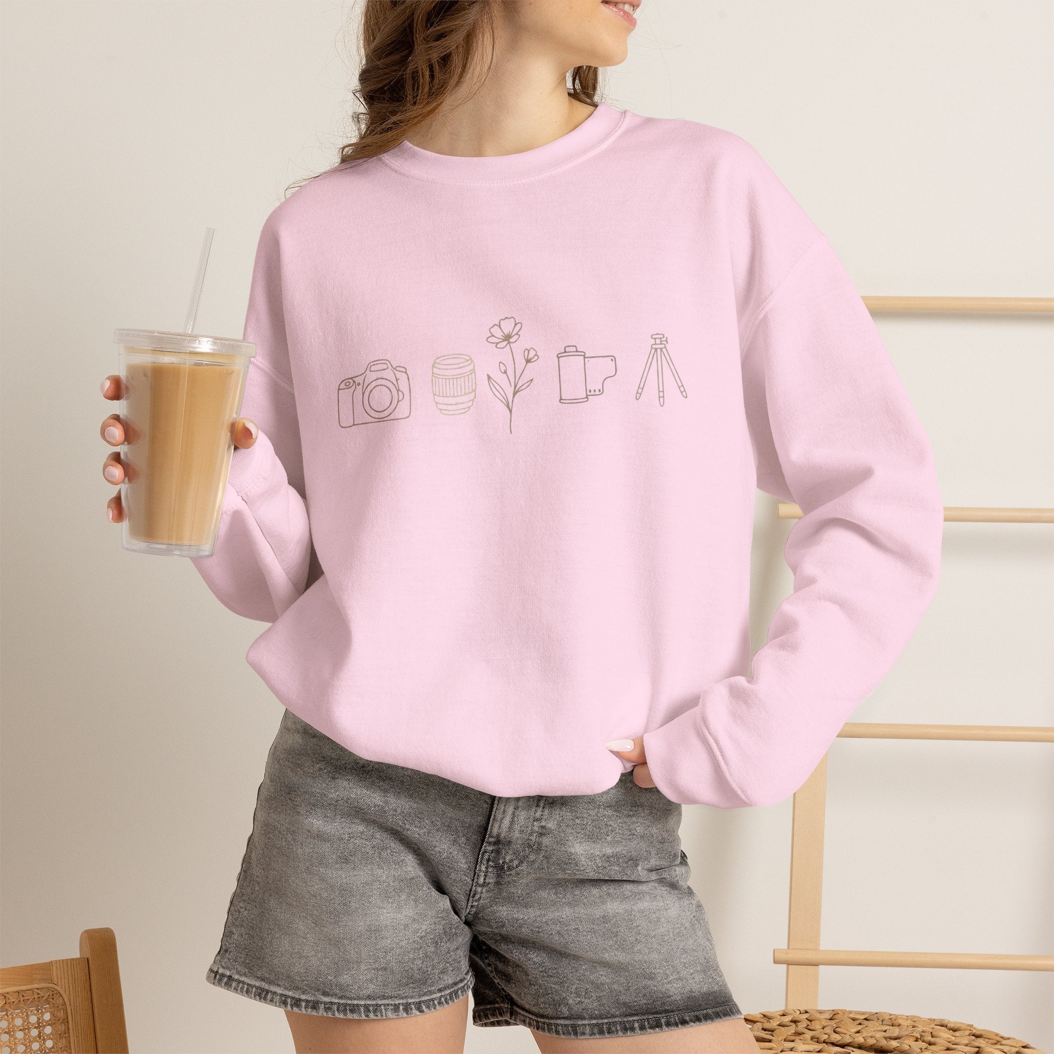 Photography Icons Crewneck Sweatshirt — Minimal Camera, Lens, Film & Tripod Design