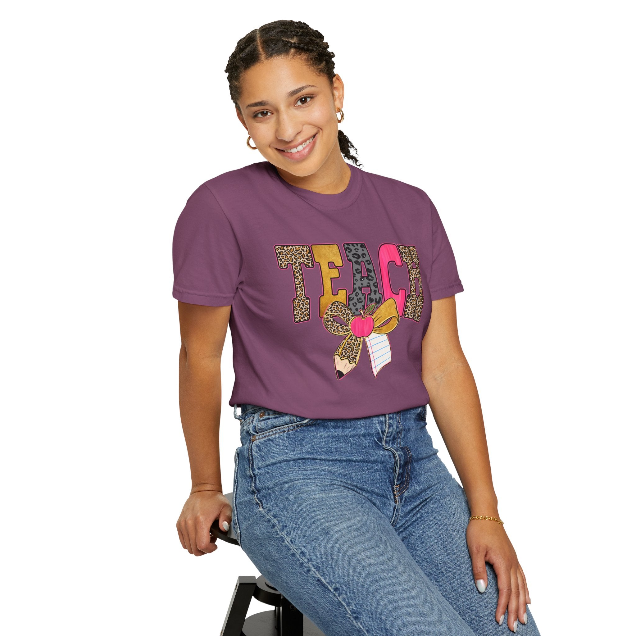 Teacher Graphic Tee — 'TEACH' Leopard Print Pencil Bow Design