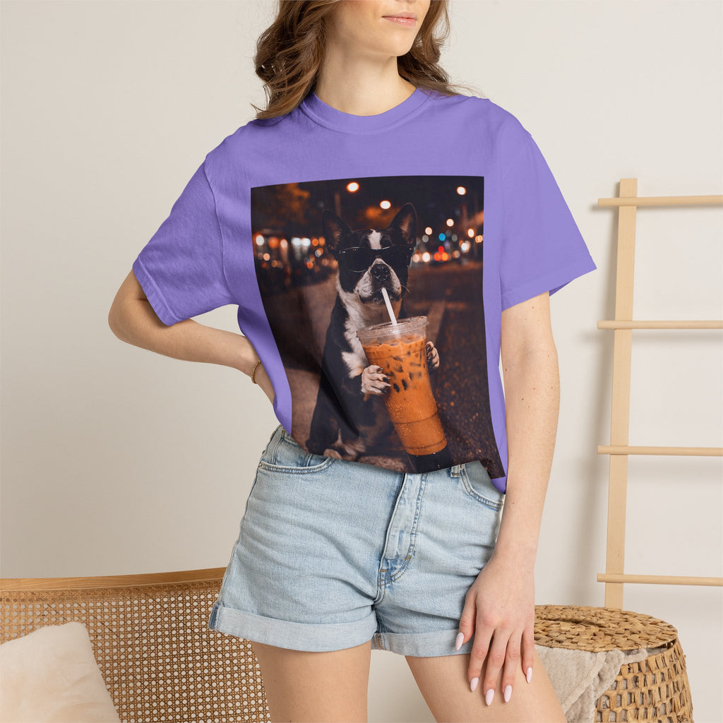 Boston Terrier Sipping Iced Coffee T-Shirt — Cute Dog Photo Tee
