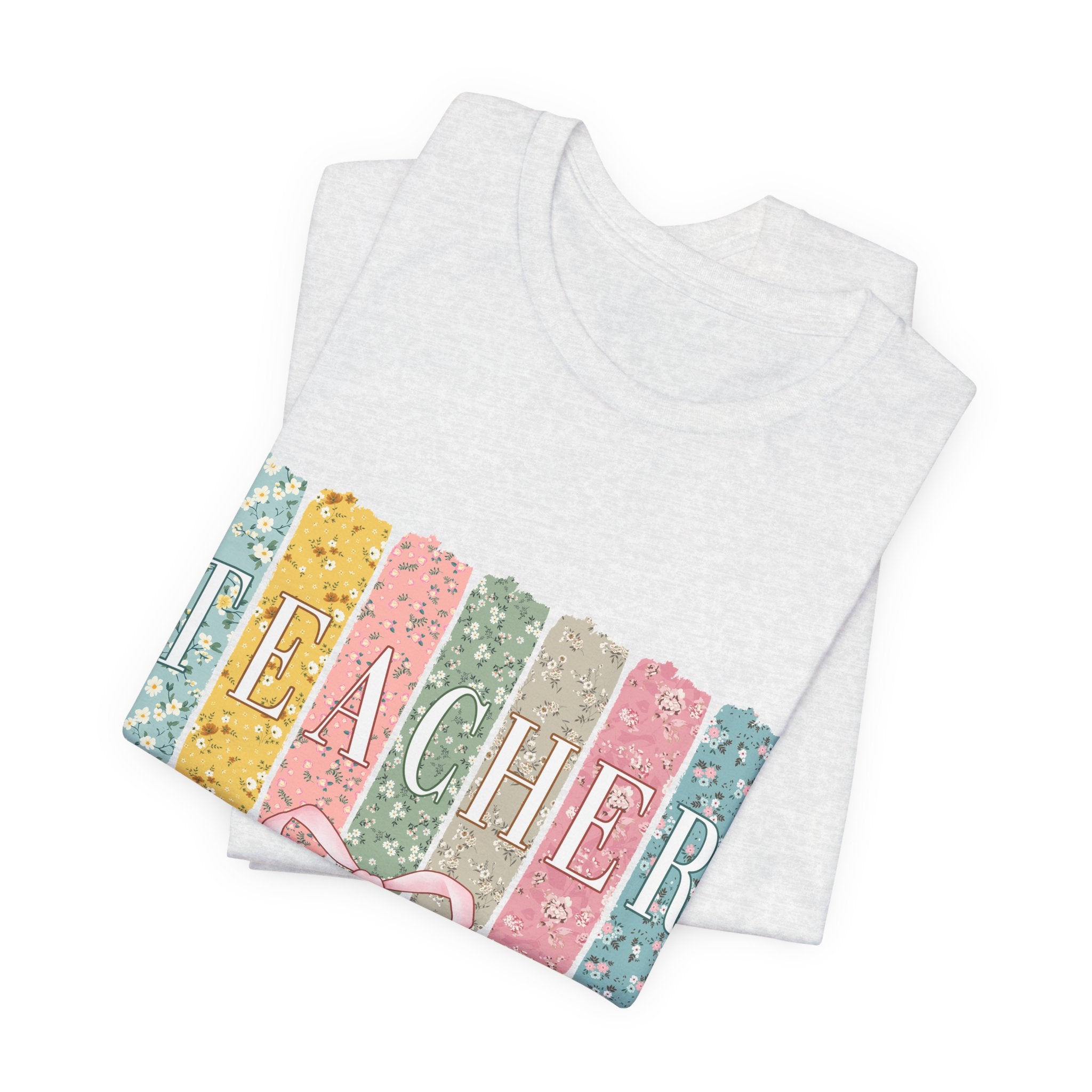 Teacher Floral Stripe T-Shirt - Pastel Ribbon Classroom Gift
