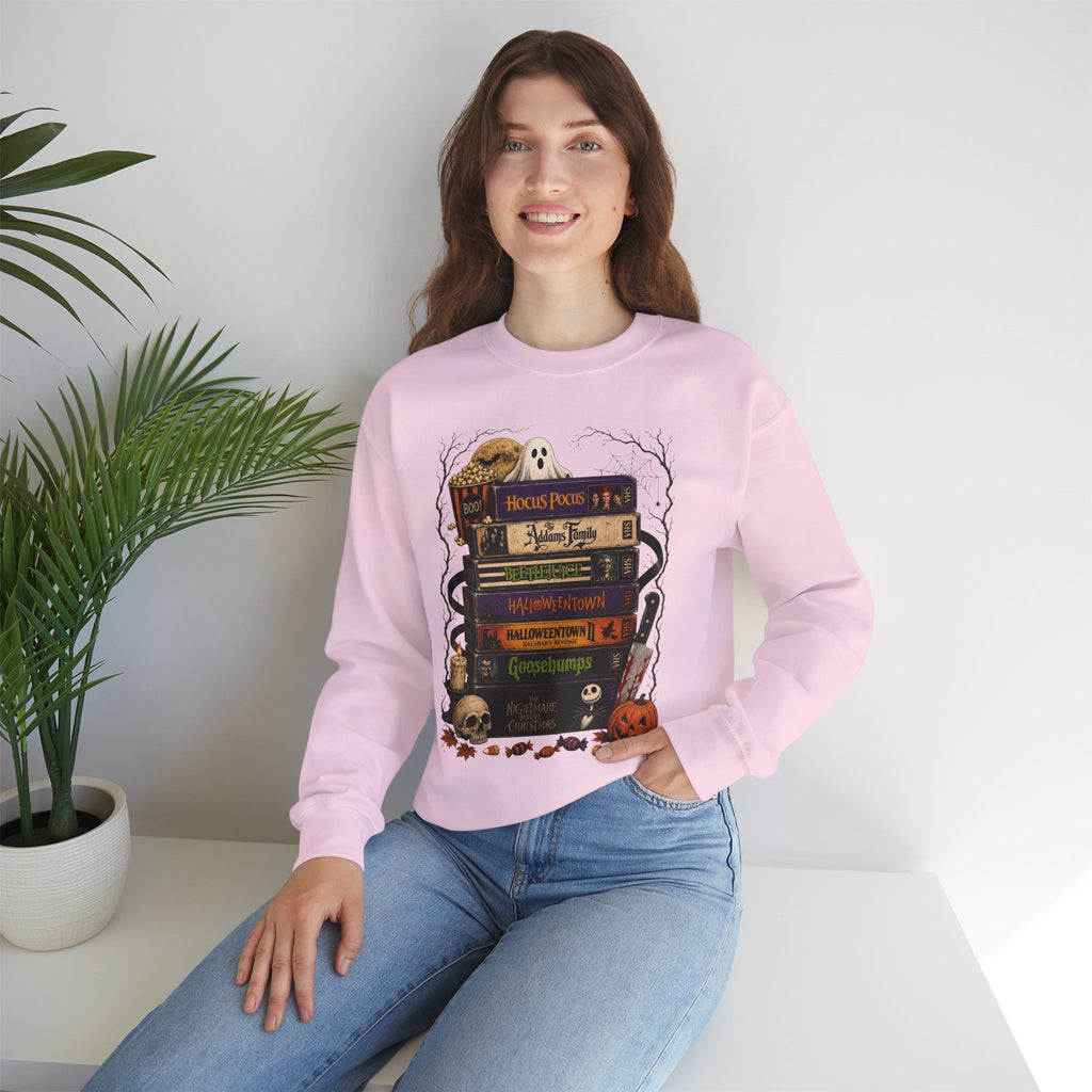 Halloween Book Stack Crewneck Sweatshirt — Spooky Classics Stack with Pumpkin & Skulls