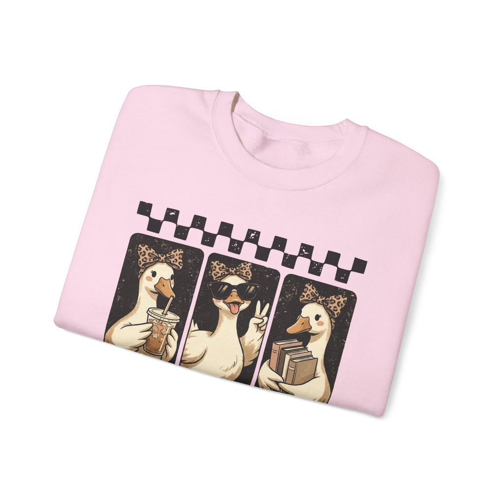 Duck Trio Crewneck Sweatshirt — Vintage Checkered Retro Goose Illustration