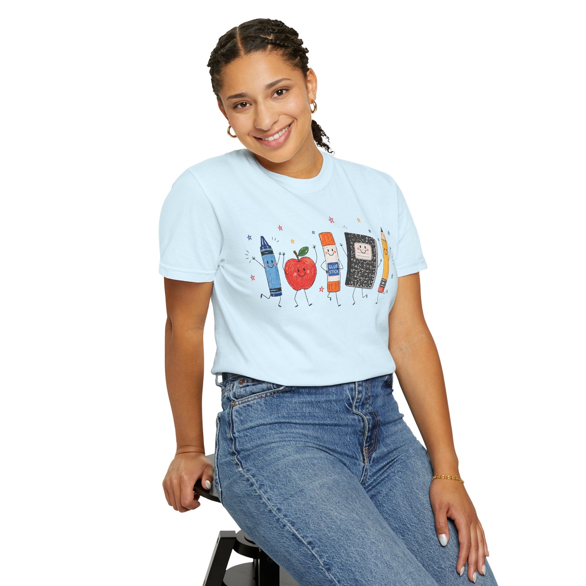 Cute School Supplies Teacher T-Shirt — Happy Apple, Crayon & Pencil Graphic Tee