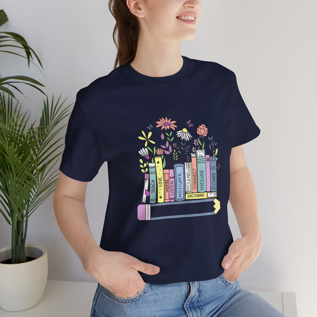 Book Lover T‑Shirt — Teacher Floral Books & Pencil Illustration Tee