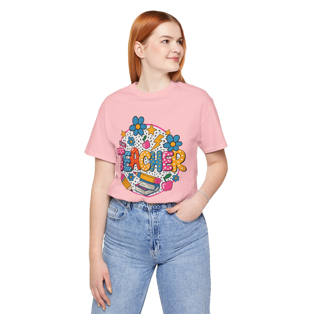 Teacher Doodle Graphic Tee — Colorful School Supplies Design