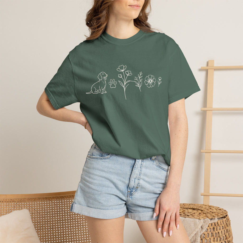 Floral Dachschund Line Art T-Shirt — Minimal Dog & Wildflower Tee