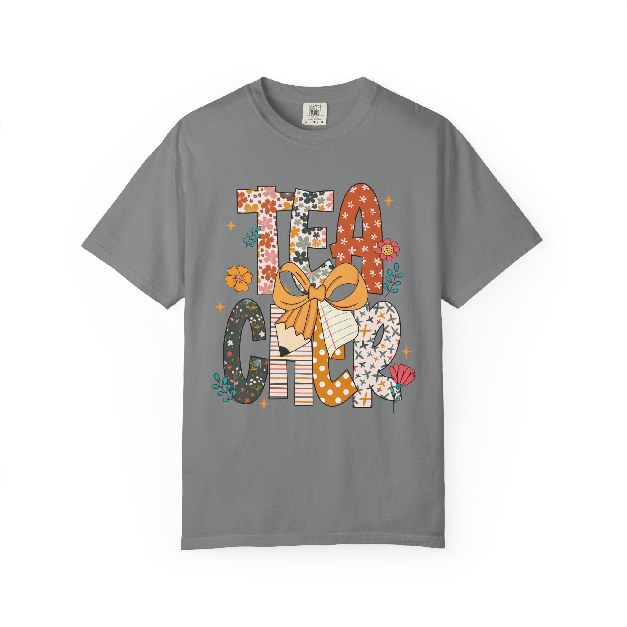 Teacher Graphic T-Shirt — Floral "Teacher" Design with Ribbon
