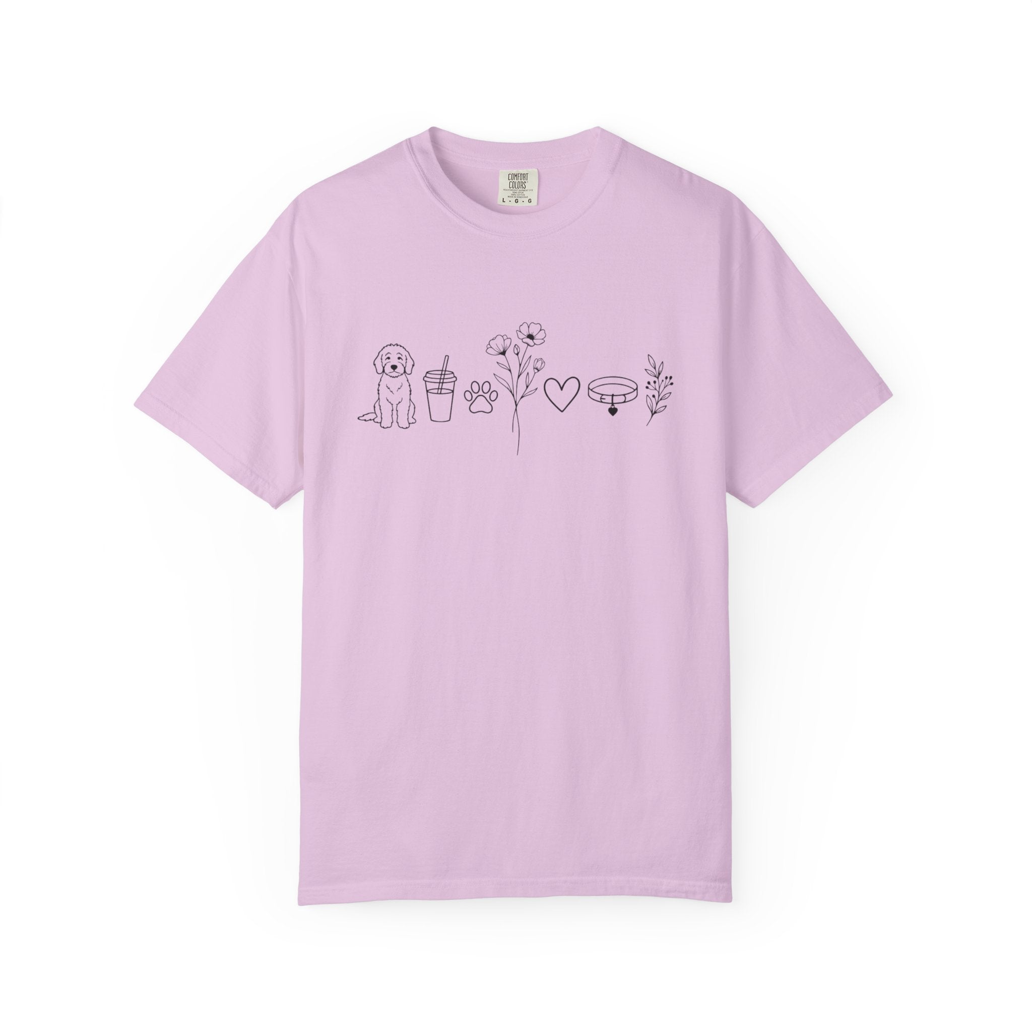 Minimal Doodle and Floral Icons T-Shirt — Coffee, Plants & Dog Line Art Tee