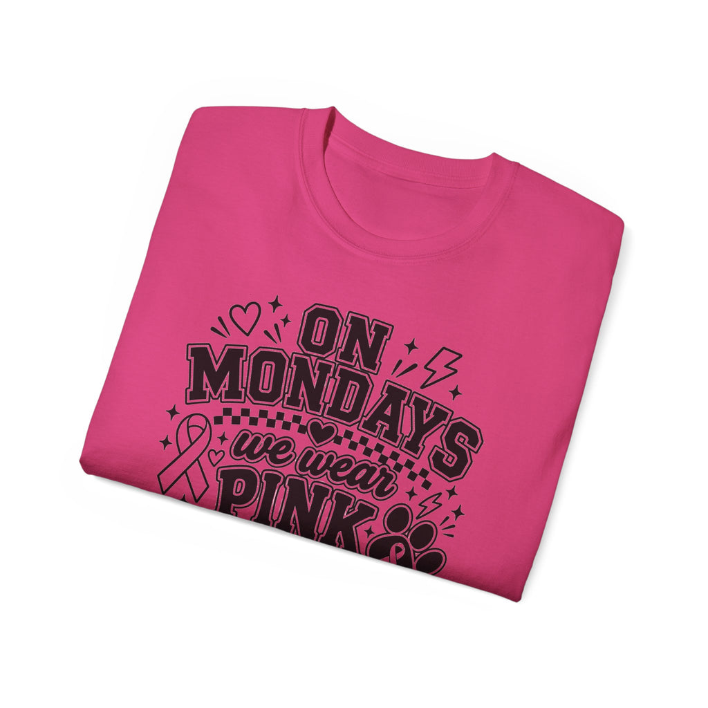 "On Mondays We Wear Pink" Black Text Breast Cancer Awareness Tee