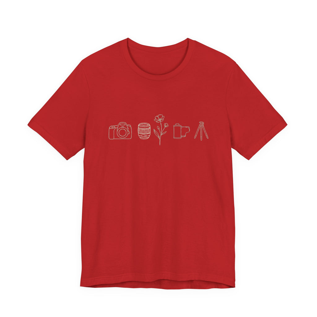 Photography Icons Tee — Minimal Camera, Film, Flower & Tripod Graphic Shirt