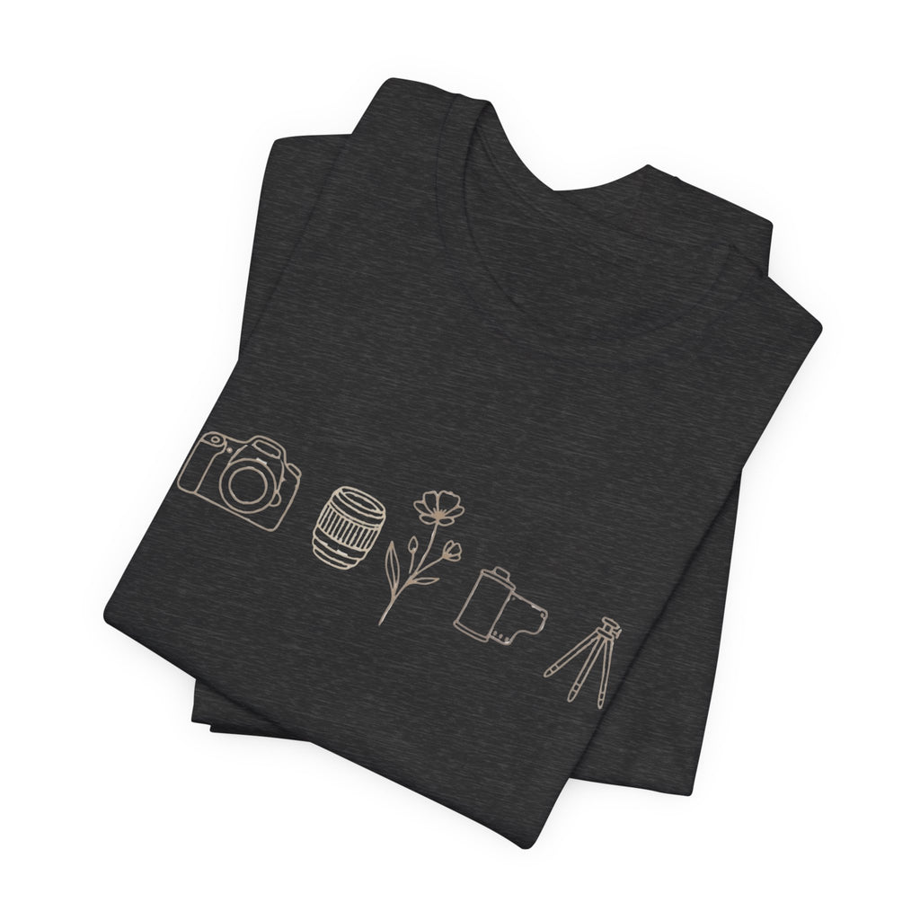 Photography Icons Tee — Minimal Camera, Film, Flower & Tripod Graphic Shirt