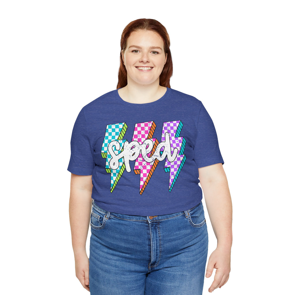 Speed Lightning Tee — Retro Checkerboard Bolt Graphic T-Shirt
