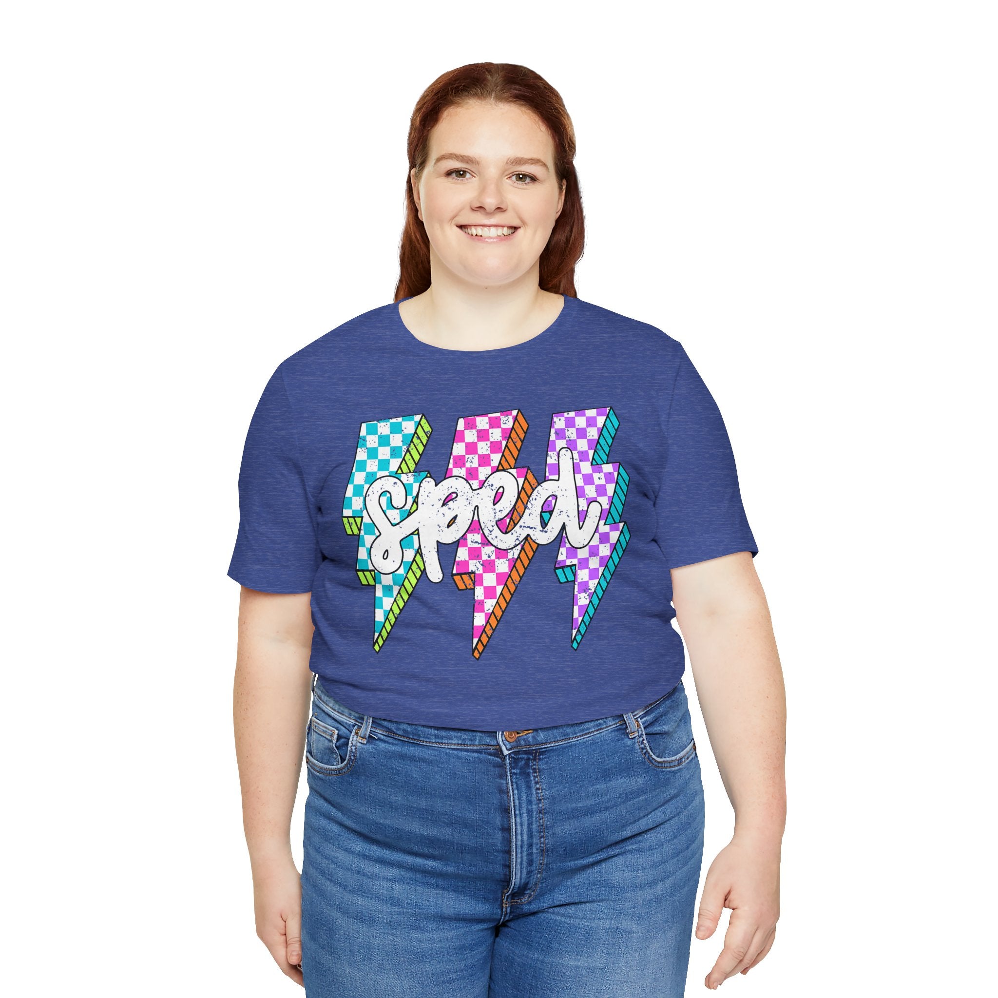 Speed Lightning Tee — Retro Checkerboard Bolt Graphic T-Shirt