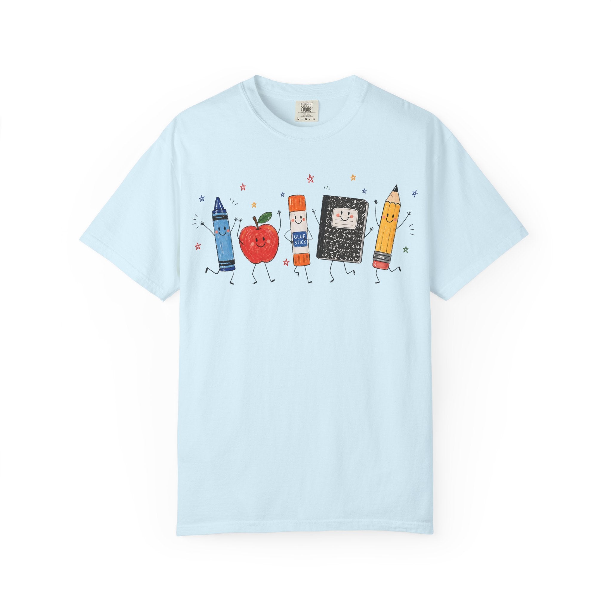 Cute School Supplies Teacher T-Shirt — Happy Apple, Crayon & Pencil Graphic Tee