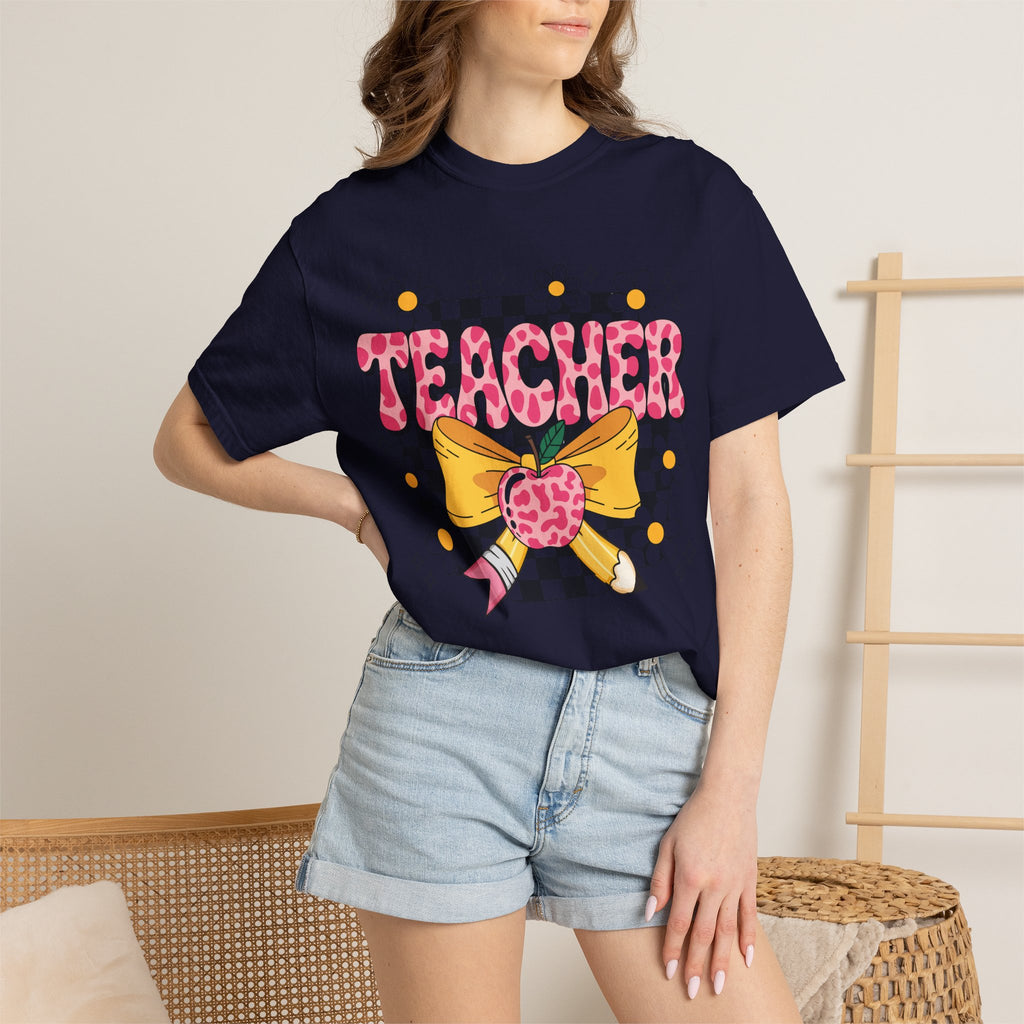 Teacher Floral Bow T‑Shirt — Cute Checkerboard & Heart Design for Educators