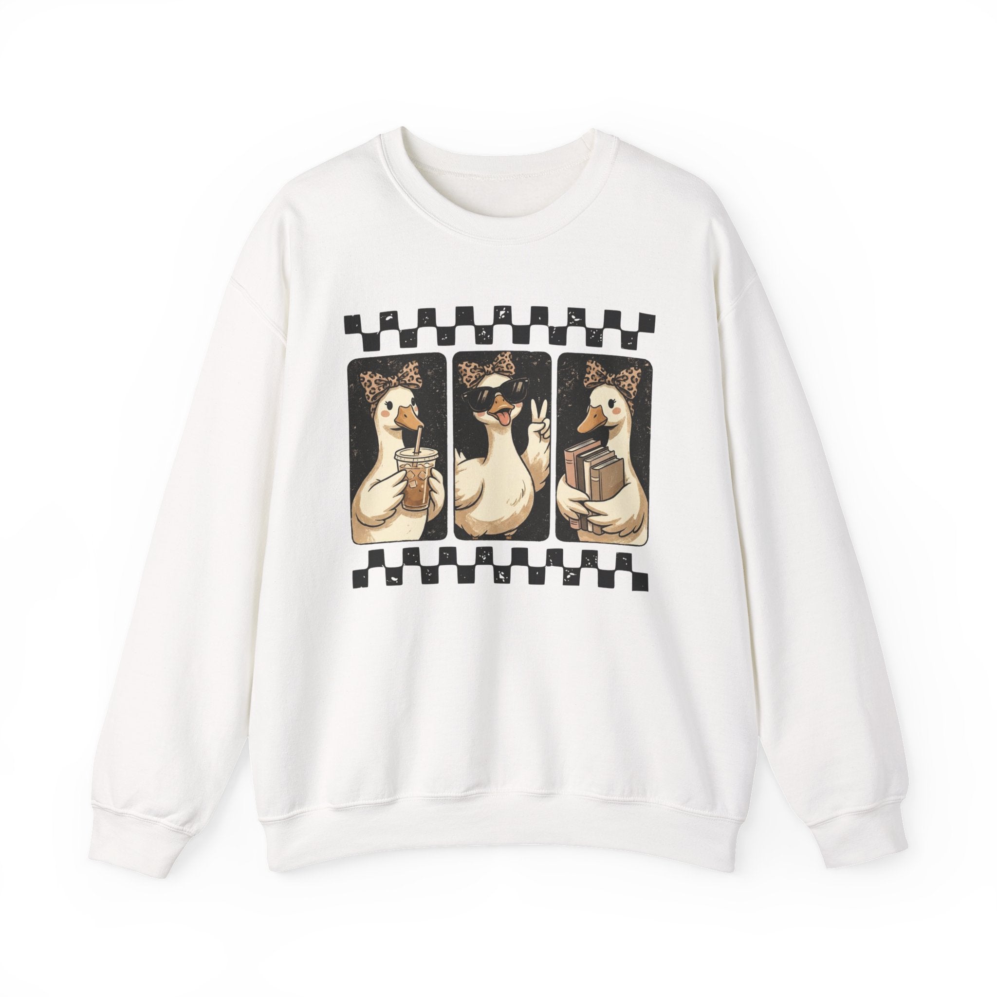 Duck Trio Crewneck Sweatshirt — Vintage Checkered Retro Goose Illustration