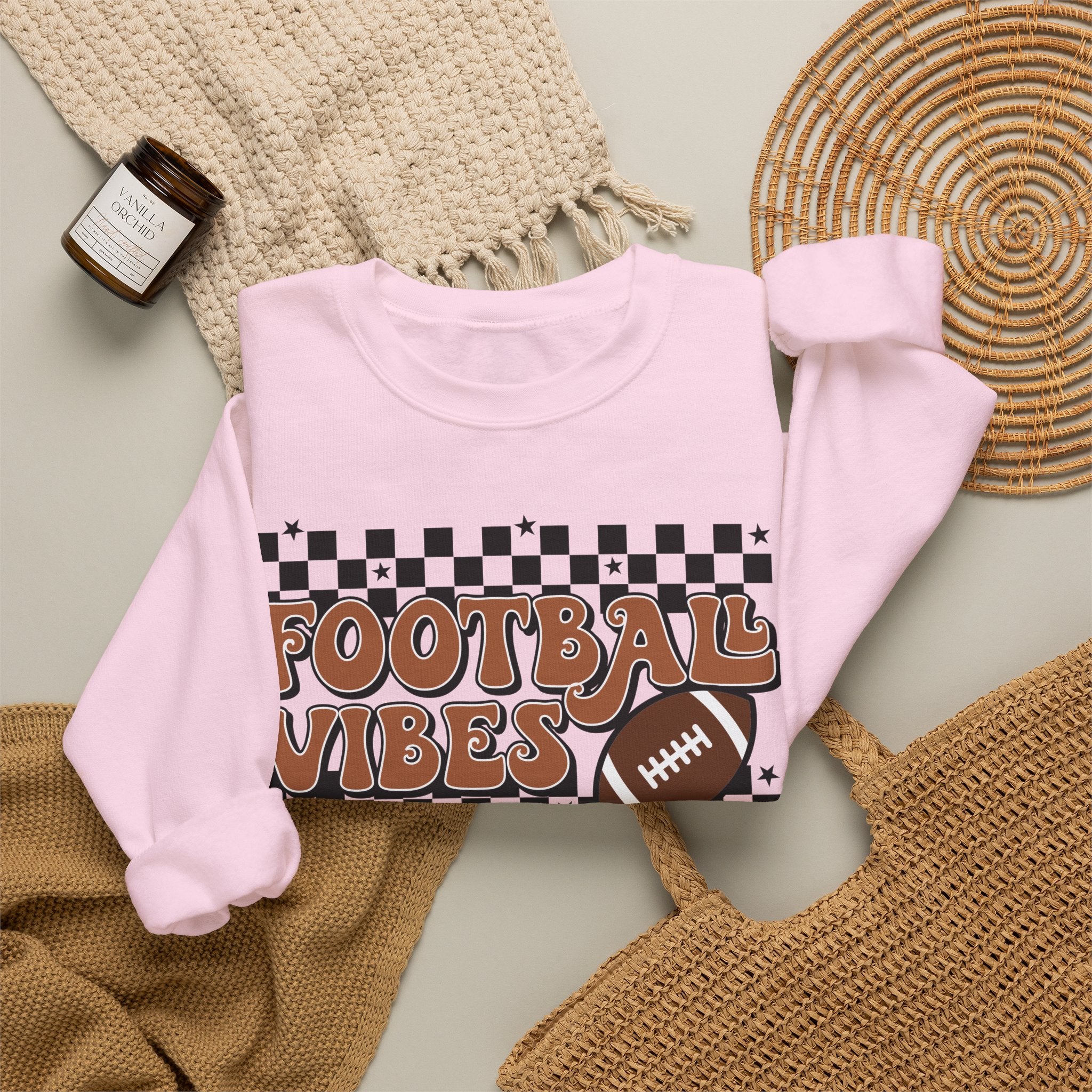 Football Vibes Crewneck Sweatshirt — Retro Checkerboard Football Graphic