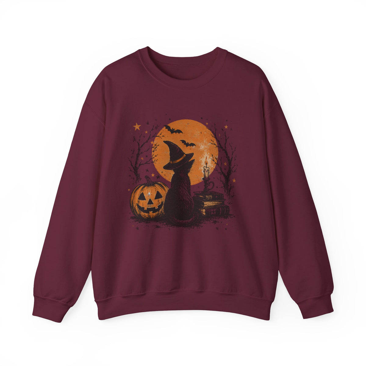 Crewneck Sweatshirt — Halloween Cat Witch Moon Graphic