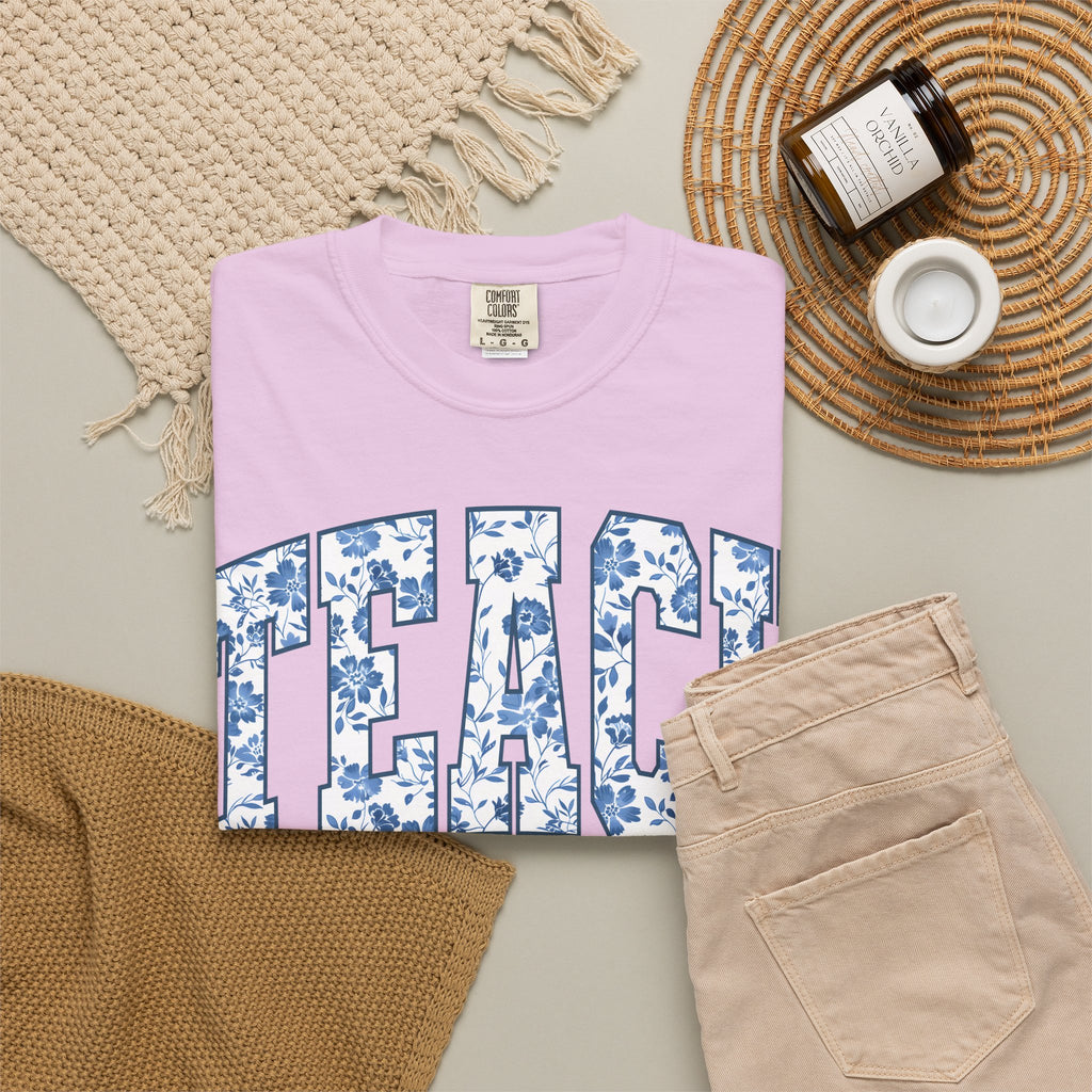 Teacher Floral Arch T-Shirt — 'TEACH' Blue Floral Print Tee