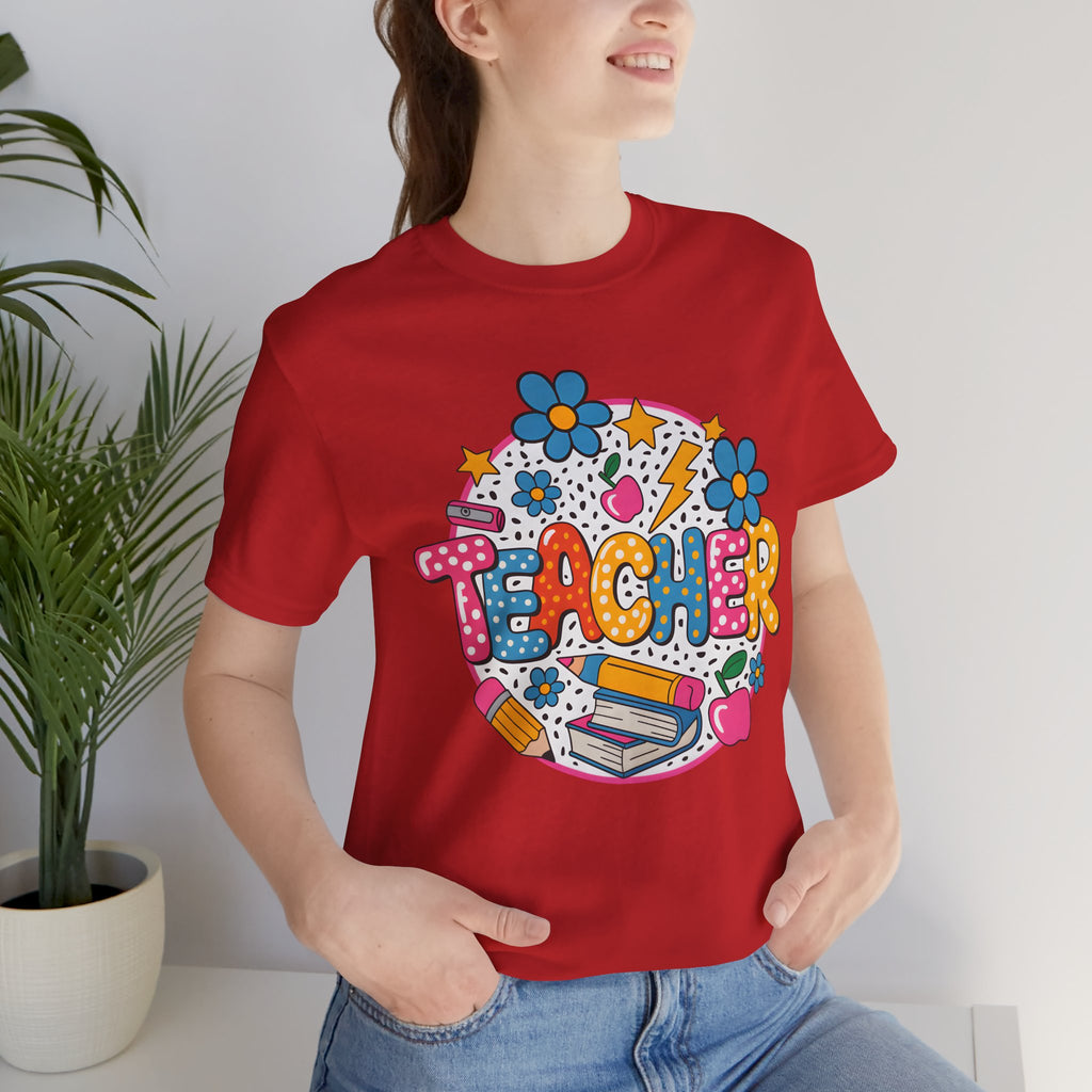 Teacher Doodle Graphic Tee — Colorful School Supplies Design