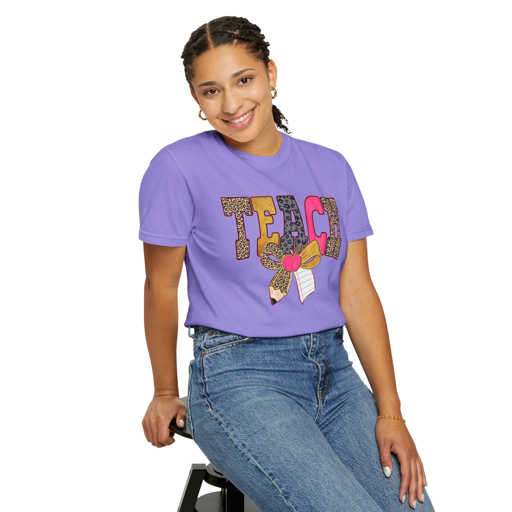 Teacher Graphic Tee — 'TEACH' Leopard Print Pencil Bow Design