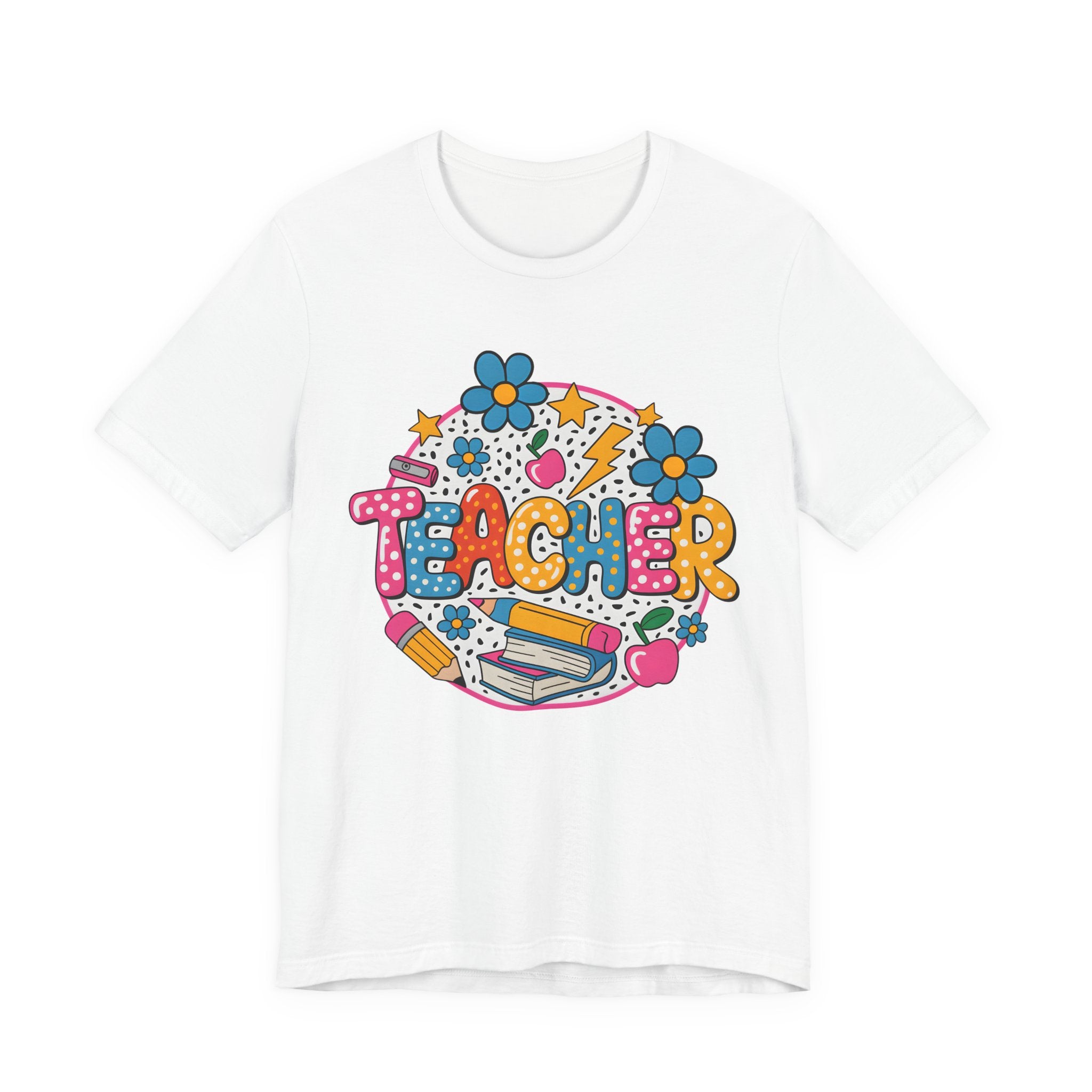 Teacher Doodle Graphic Tee — Colorful School Supplies Design