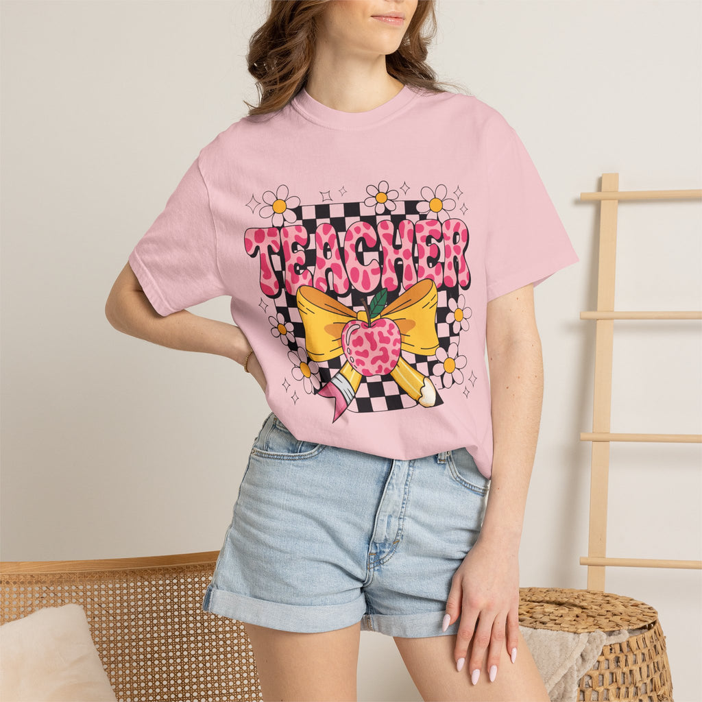 Teacher Floral Bow T‑Shirt — Cute Checkerboard & Heart Design for Educators