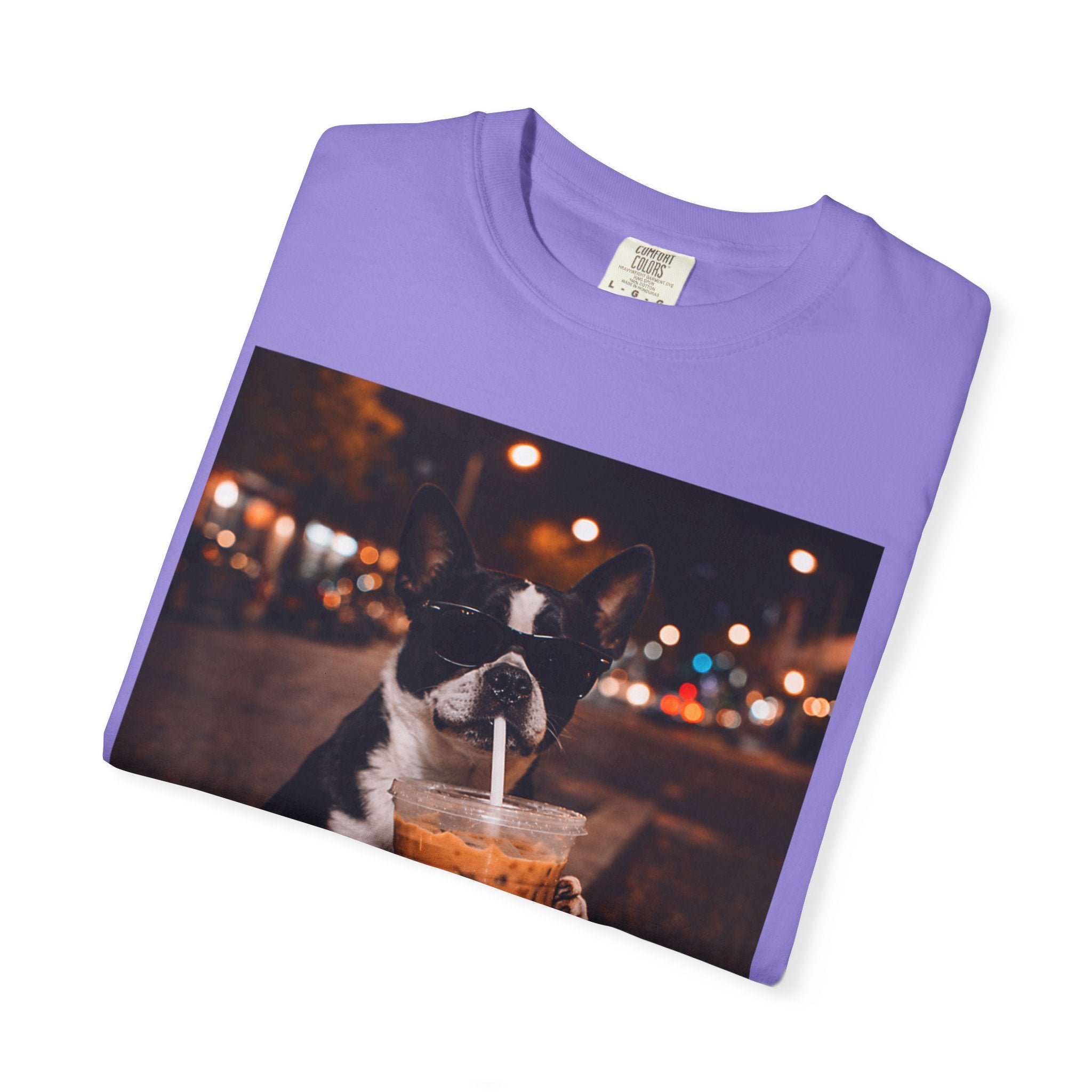 Boston Terrier Sipping Iced Coffee T-Shirt — Cute Dog Photo Tee