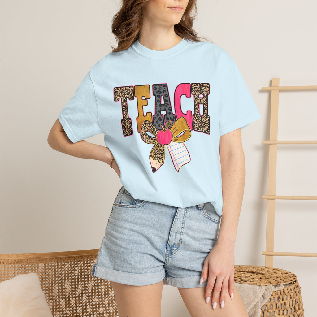 Teacher Graphic Tee — 'TEACH' Leopard Print Pencil Bow Design