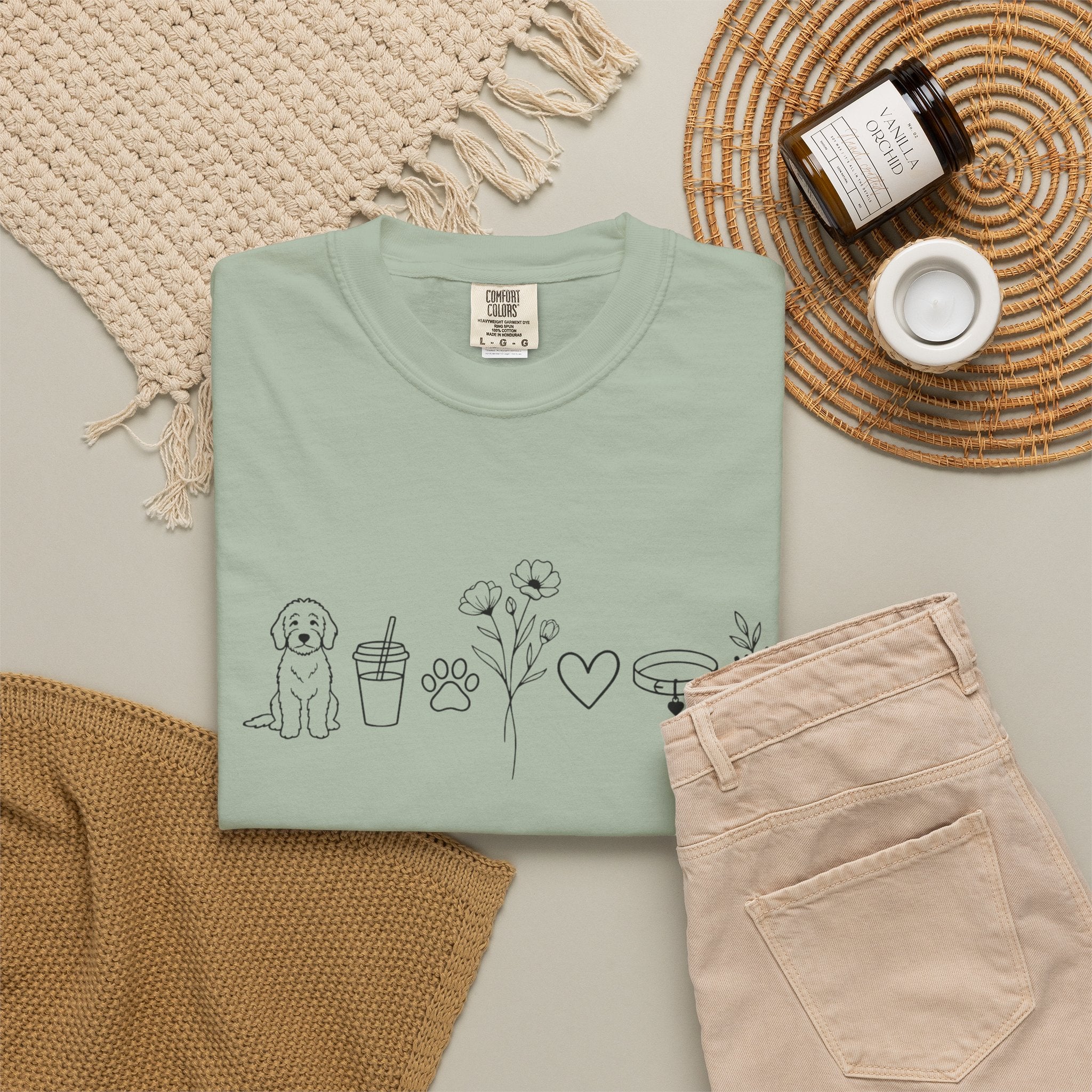 Minimal Doodle and Floral Icons T-Shirt — Coffee, Plants & Dog Line Art Tee