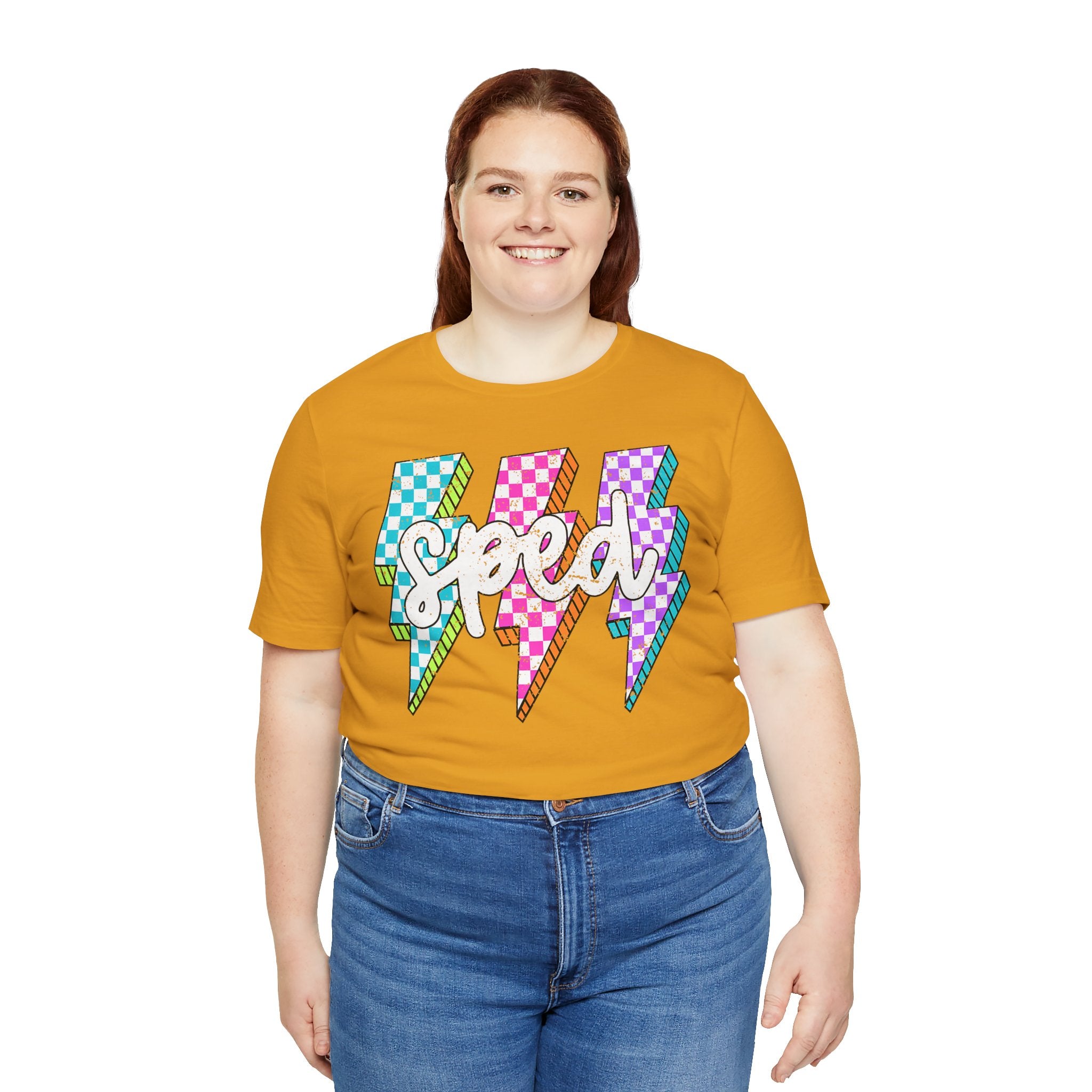 Speed Lightning Tee — Retro Checkerboard Bolt Graphic T-Shirt