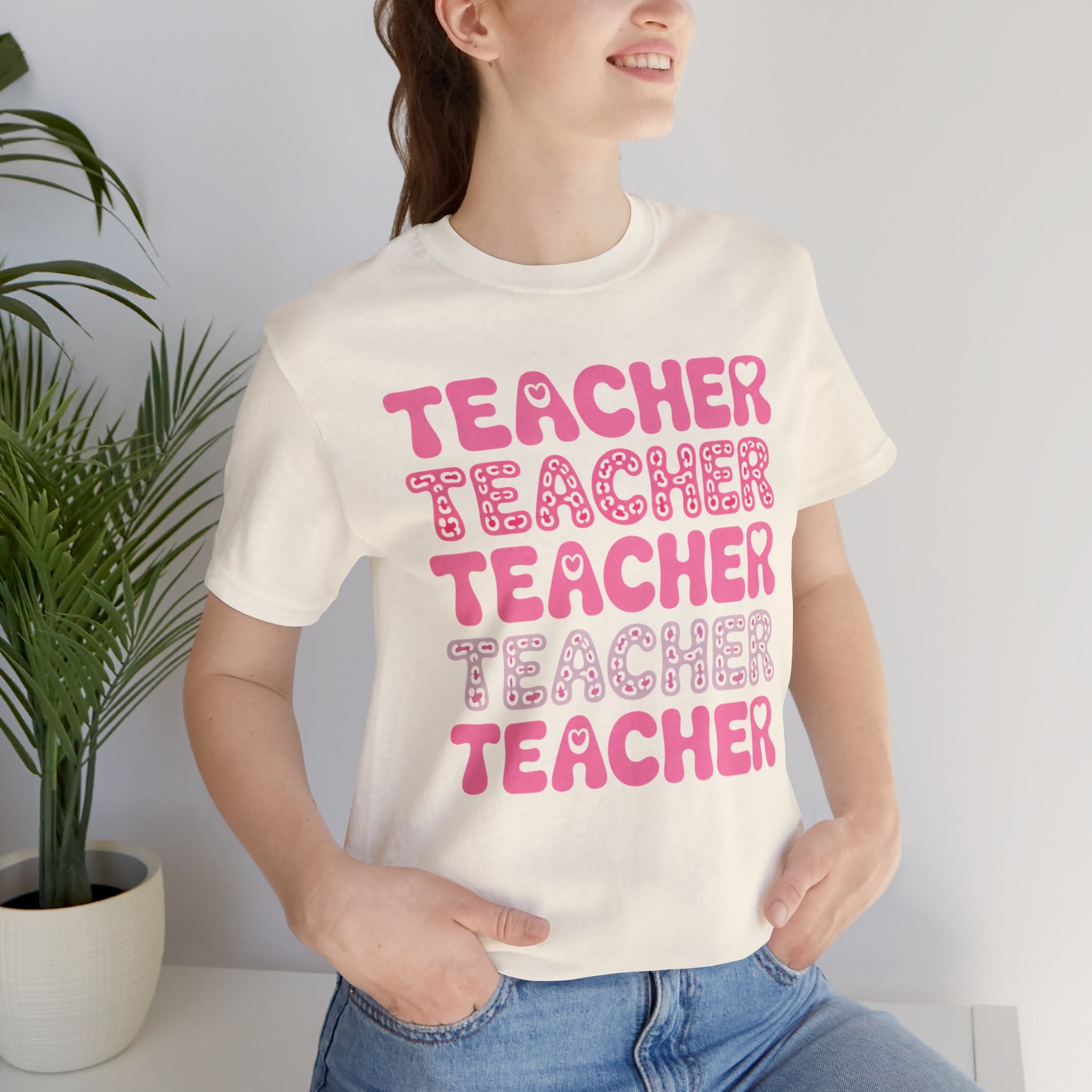 Teacher Repeating Pink Typography T‑Shirt