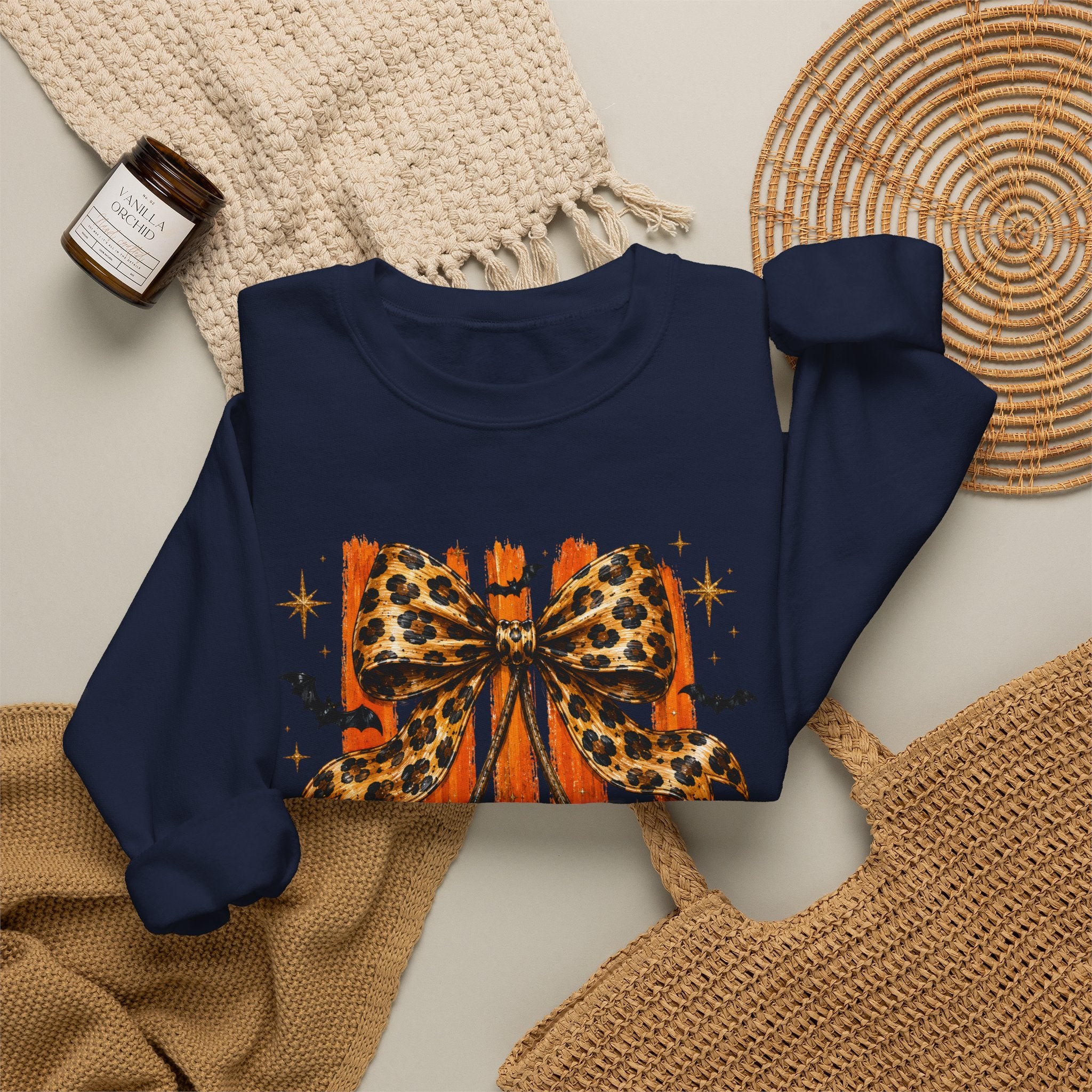 Skull Bow Sweatshirt — Leopard Bow Halloween Crewneck