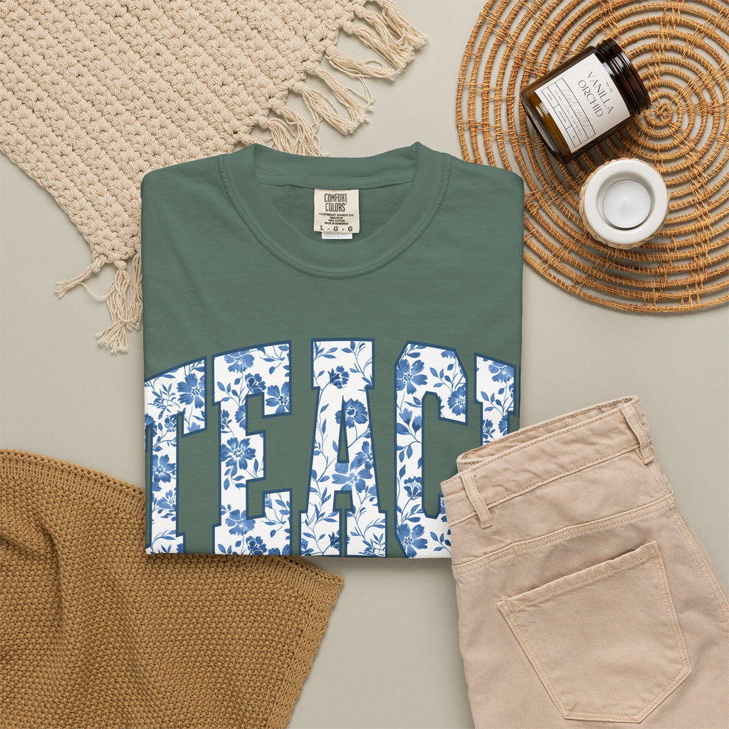 Teacher Floral Arch T-Shirt — 'TEACH' Blue Floral Print Tee