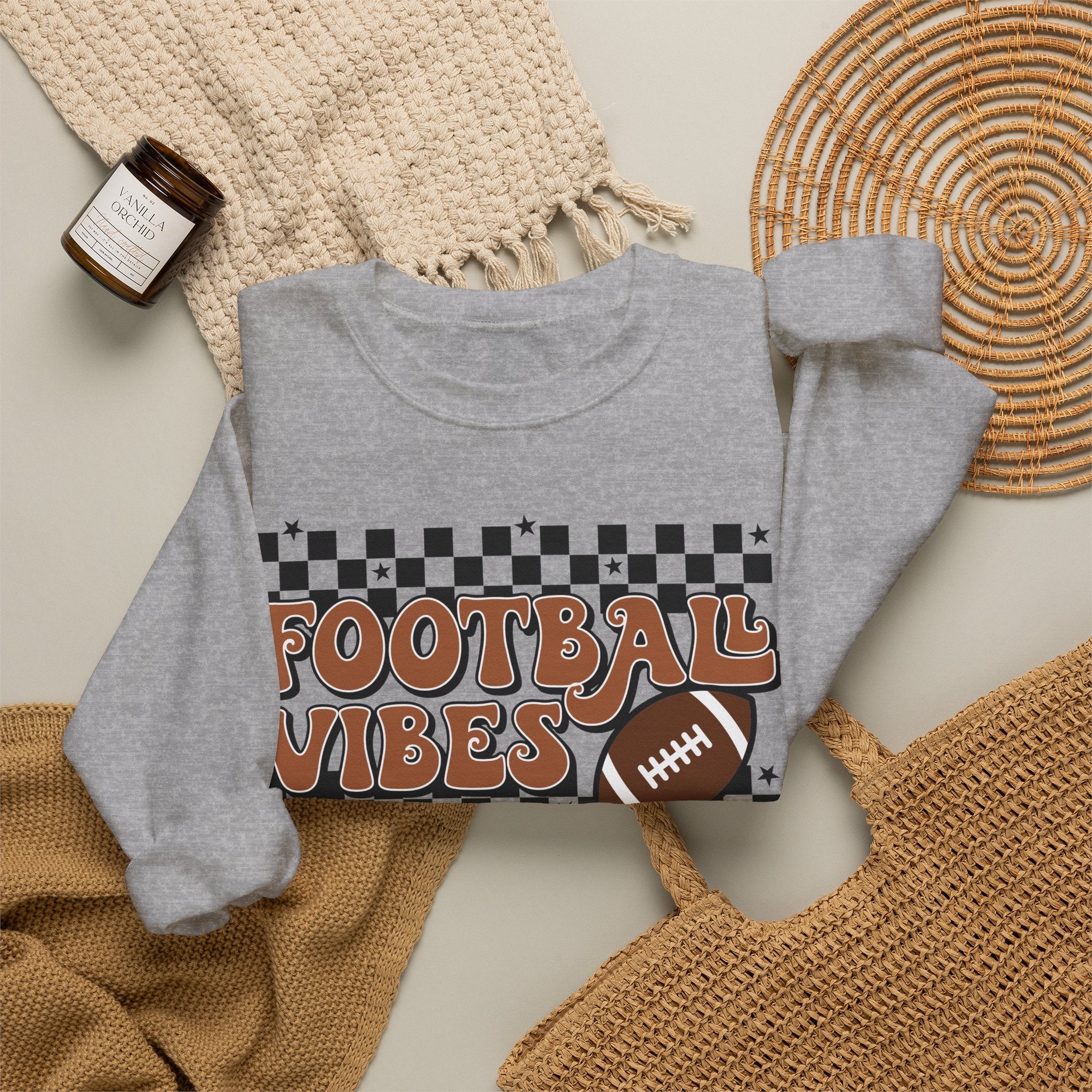 Football Vibes Crewneck Sweatshirt — Retro Checkerboard Football Graphic