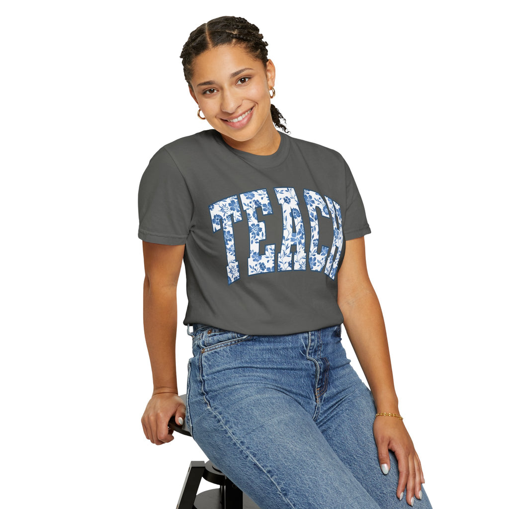 Teacher Floral Arch T-Shirt — 'TEACH' Blue Floral Print Tee