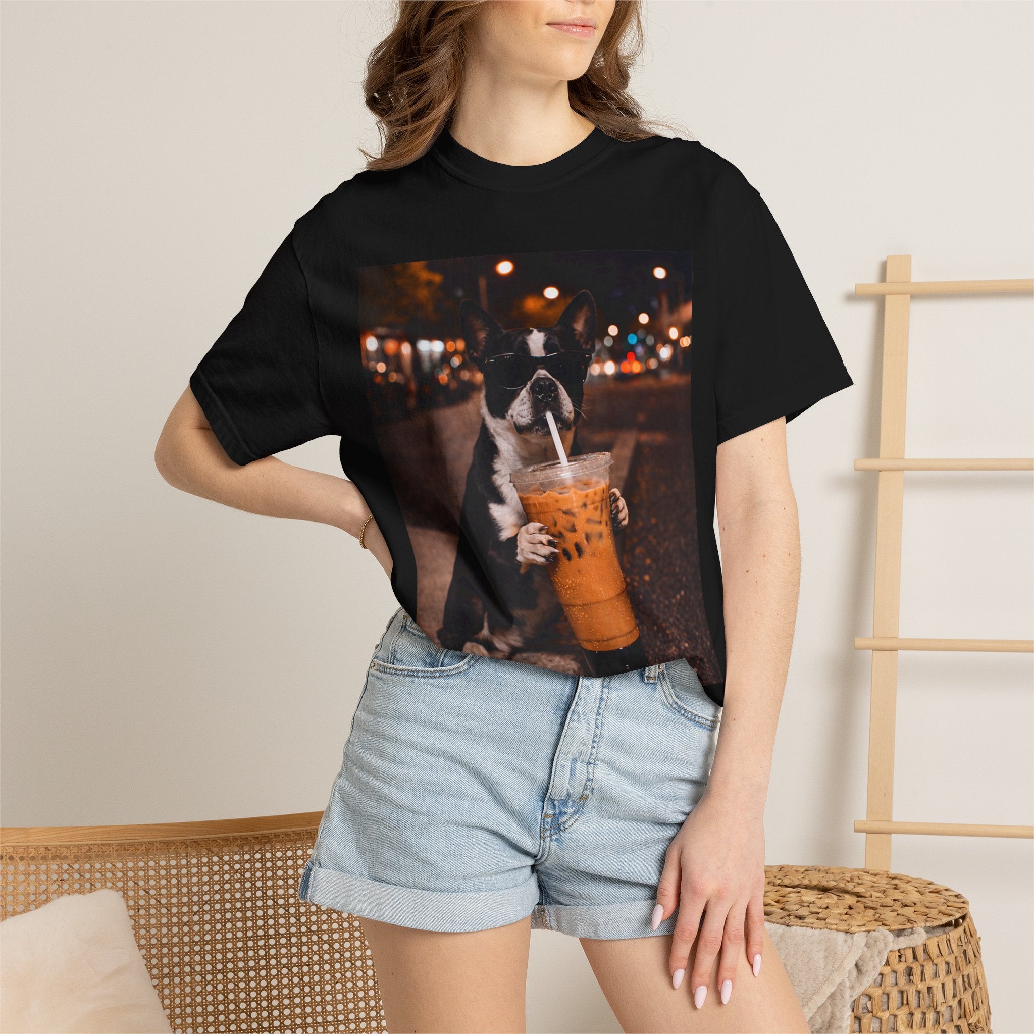 Boston Terrier Sipping Iced Coffee T-Shirt — Cute Dog Photo Tee