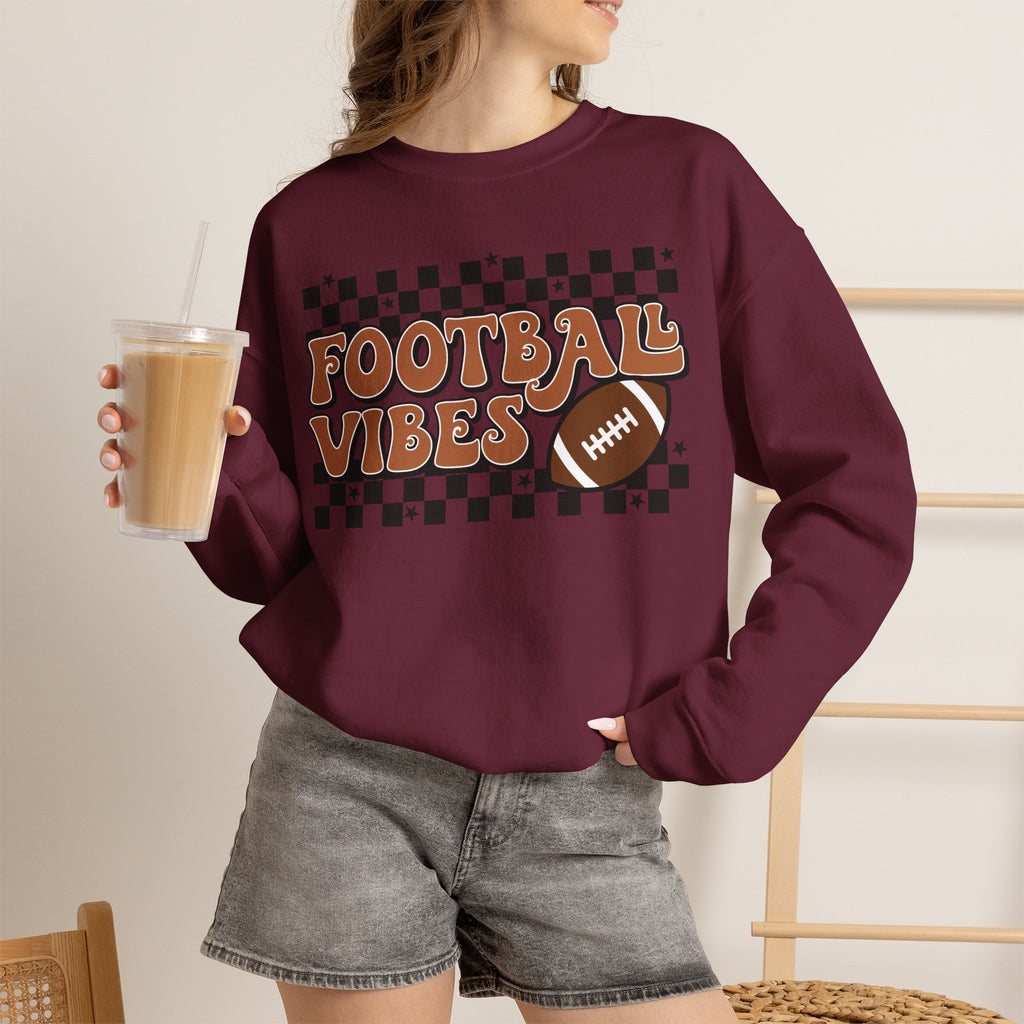 Football Vibes Crewneck Sweatshirt — Retro Checkerboard Football Graphic