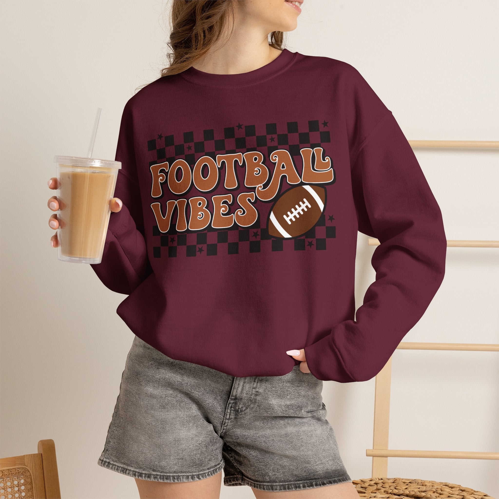 Football Vibes Crewneck Sweatshirt — Retro Checkerboard Football Graphic