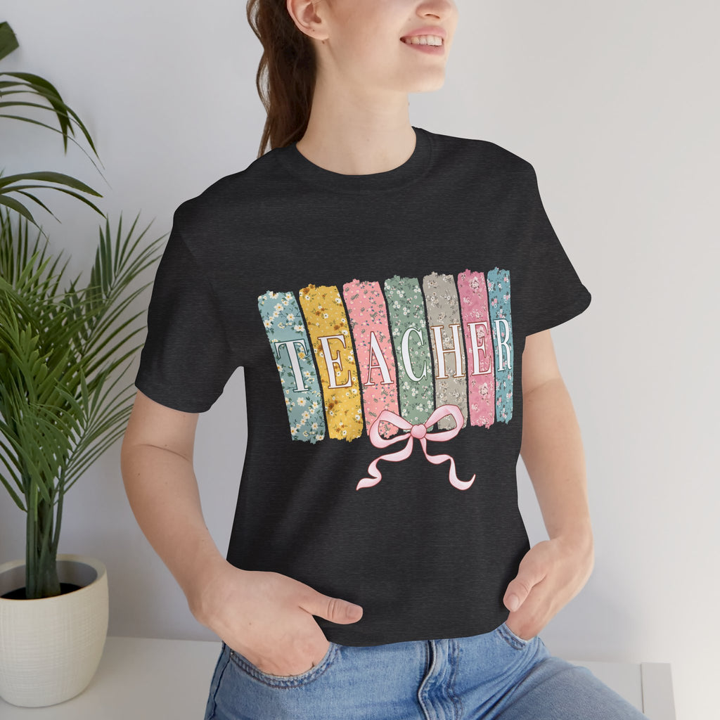 Teacher Floral Stripe T-Shirt - Pastel Ribbon Classroom Gift