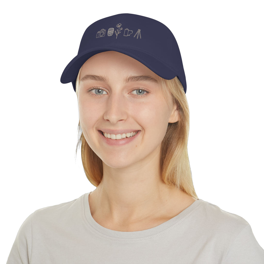 Photographer Icons Low Profile Baseball Cap — Camera, Lens, Tripod Design