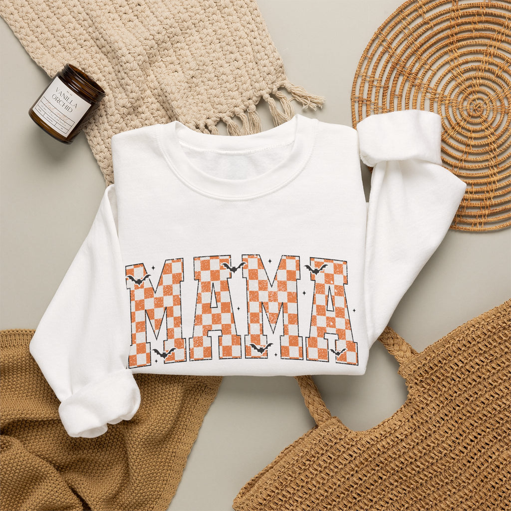 Mama Checkerboard Halloween Sweatshirt – Retro Orange Plaid Mama Pullover